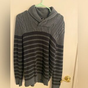 Express Men's Gray and Black Striped Sweater